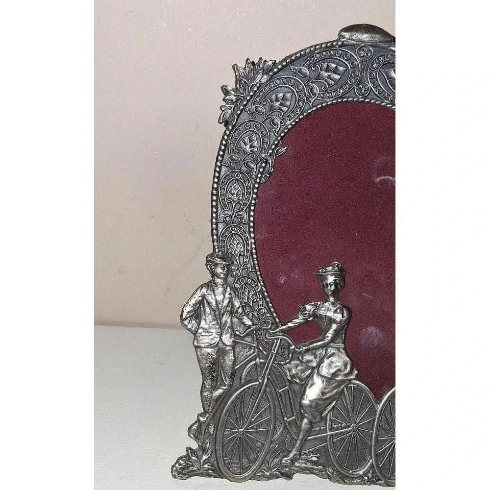 Vintage Pewter Tone Bicycle Picture Frame Victorian Couple Photo Frame Ornate